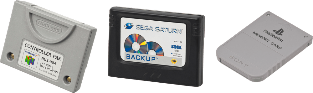 Photo of Nintendo 64, Sega Saturn, and Sony PlayStation memory cards